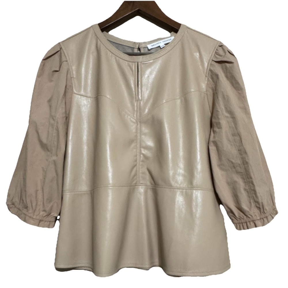 Melissa Nepton Women's M Top Beige Faux Vegan Butter Soft Leather Cotton-Sleeve